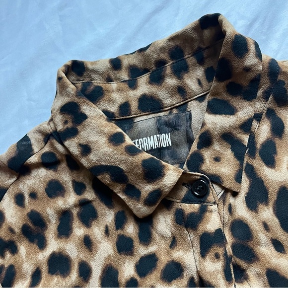 REFORMATION tan leopard print viscose button up long sleeve shirt blouse - Picture 4 of 5